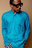 Turquoise Blue Linen Shirt With Logo AB Patch Pocket