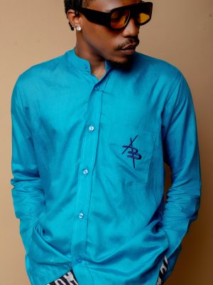 Turquoise Blue Linen Shirt With Logo AB Patch Pocket