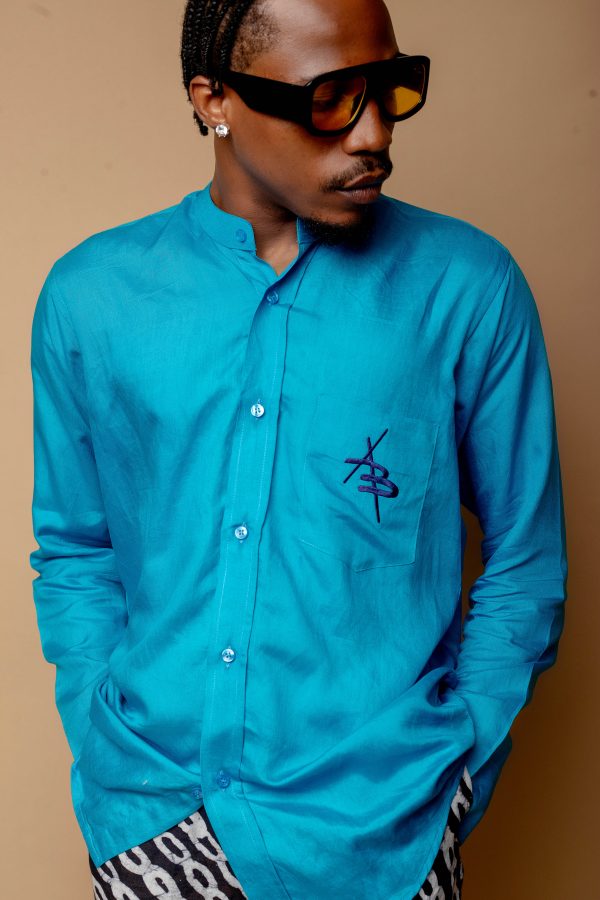 Turquoise Blue Linen Shirt With Logo AB Patch Pocket