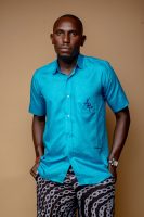 Turquoise Blue Linen Shirt With Logo AB Patch Pocket