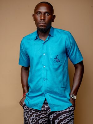 Turquoise Blue Linen Shirt With Logo AB Patch Pocket