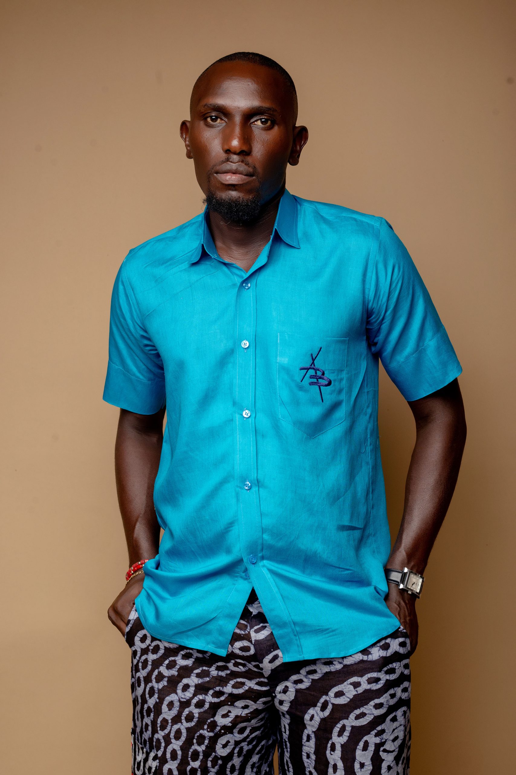 Turquoise Blue Linen Short Sleeve Shirt With Logo AB Patch Pocket