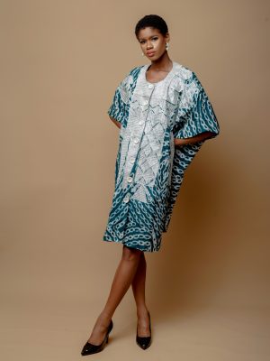 Modern Danshiki In Linen/Cotton Green With White Embroidery