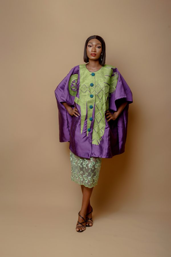 Purple Zebline Danshiki With Green Embroidery