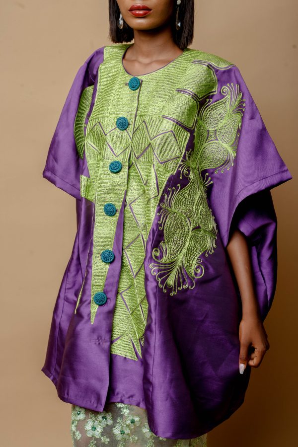 Purple Zebline Danshiki With Green Embroidery