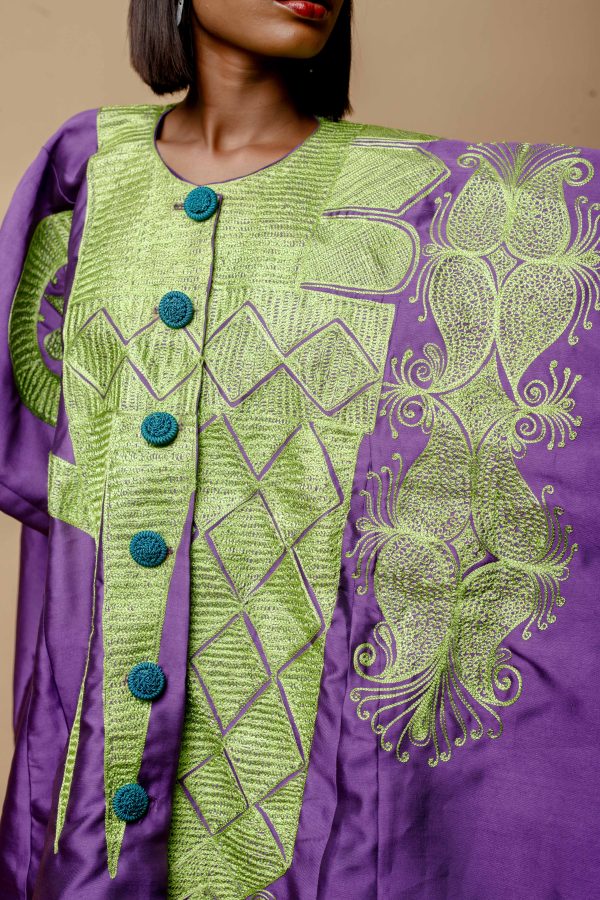 Purple Zebline Danshiki With Green Embroidery