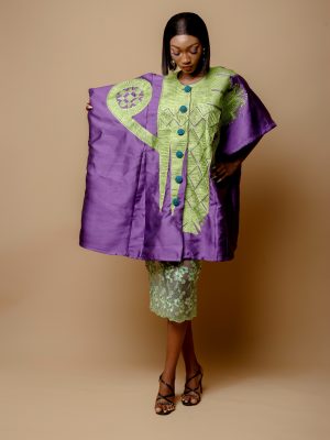 Purple Zebline Danshiki With Green Embroidery