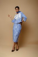Blue And White Silk Cotton Jacket With White Embroidery And Midi Fitted Skirt