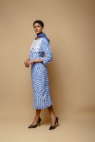 Blue And White Silk Cotton Jacket With White Embroidery And Midi Fitted Skirt