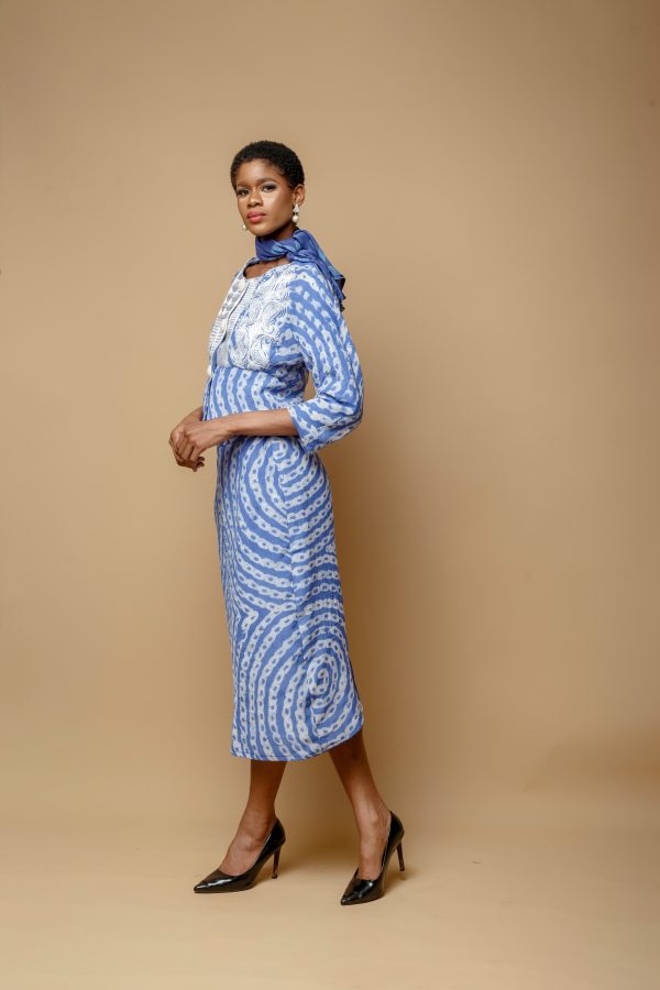 Blue And White Silk Cotton Jacket With White Embroidery And Midi Fitted Skirt