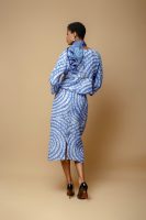 Blue And White Silk Cotton Jacket With White Embroidery And Midi Fitted Skirt