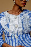 Blue And White Silk Cotton Jacket With White Embroidery And Midi Fitted Skirt