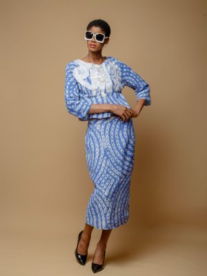 Blue And White Silk Cotton Jacket With White Embroidery And Midi Fitted Skirt