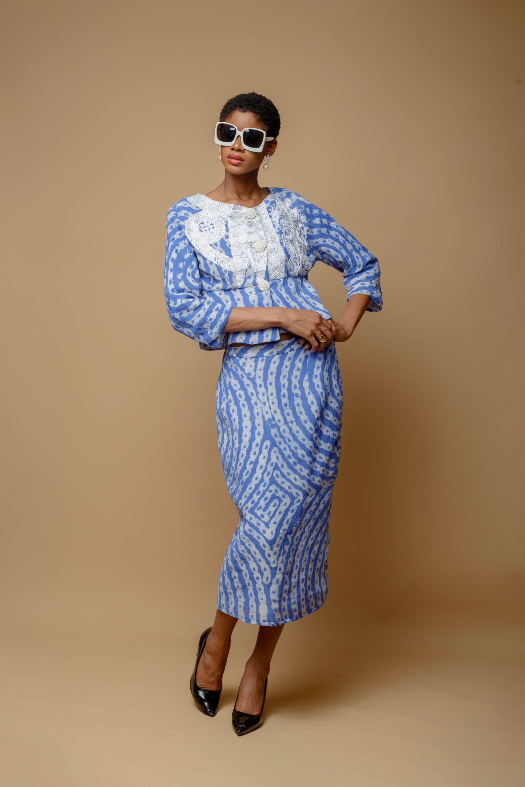 Blue And White Silk Cotton Jacket With White Embroidery And Midi Fitted Skirt