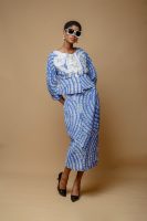 Blue And White Silk Cotton Jacket With White Embroidery And Midi Fitted Skirt