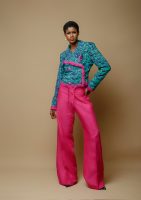 Double Breasted Green and Purple Cropped Jacket and Palazzo Trousers