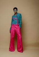 Double Breasted Green and Purple Cropped Jacket and Palazzo Trousers