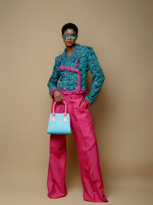 Double Breasted Green and Purple Cropped Jacket and Palazzo Trousers
