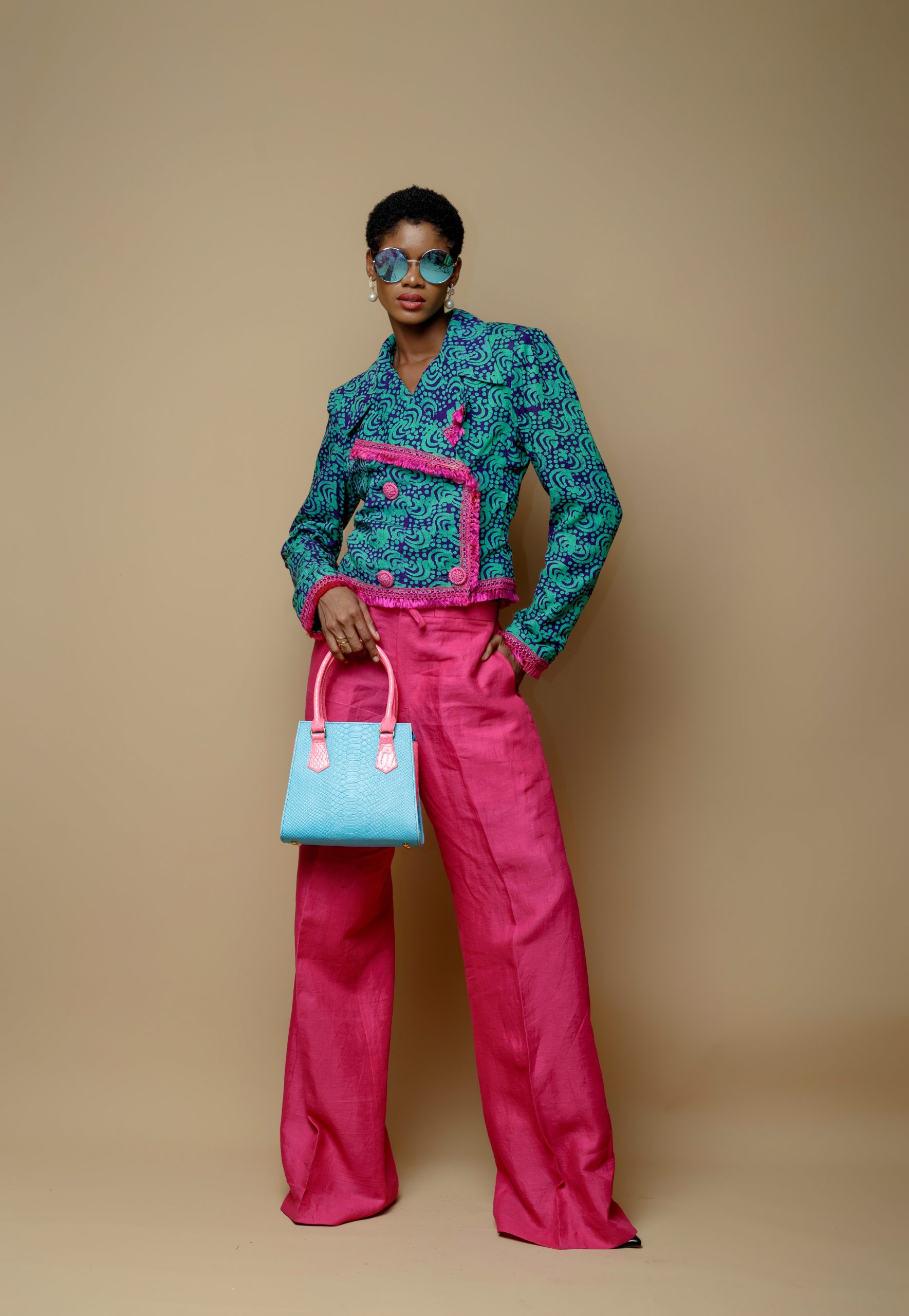 Double Breasted Green and Purple Cropped Jacket and Palazzo Trousers