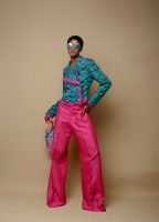 Double Breasted Green and Purple Cropped Jacket and Palazzo Trousers