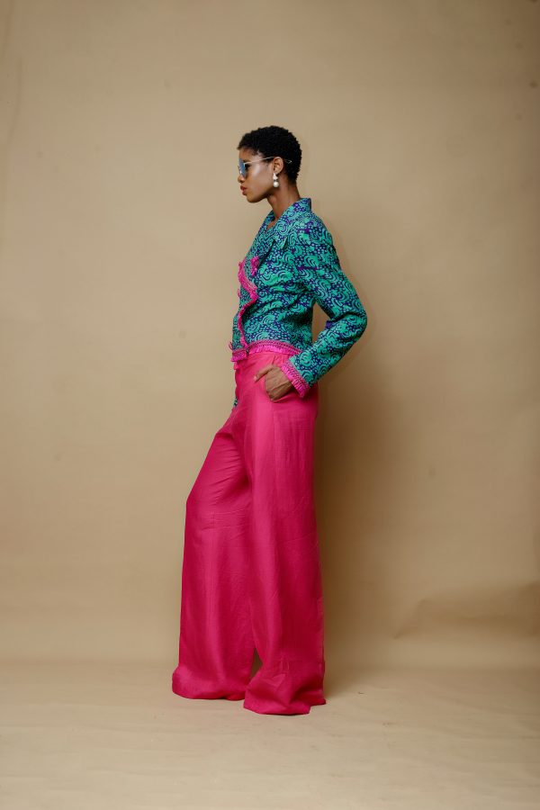 Double Breasted Green and Purple Cropped Jacket and Palazzo Trousers