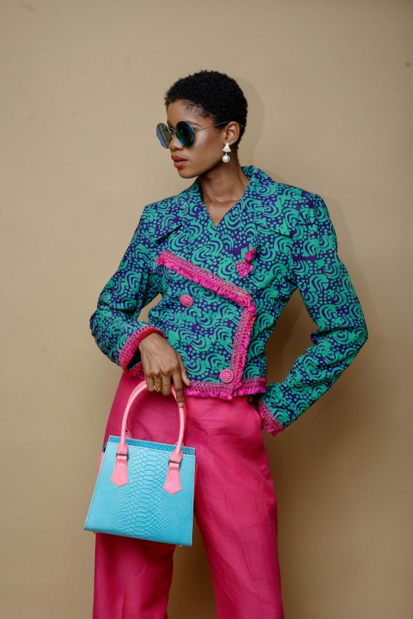 Double Breasted Green and Purple Cropped Jacket and Palazzo Trousers