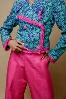 Double Breasted Green and Purple Cropped Jacket and Palazzo Trousers