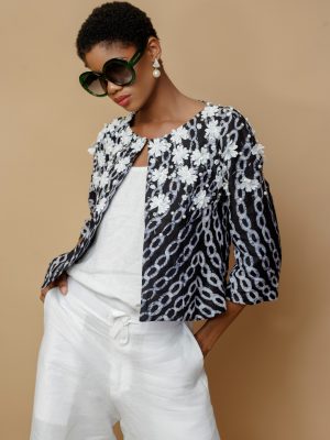 Navy Blue and white Short Jacket In Adire