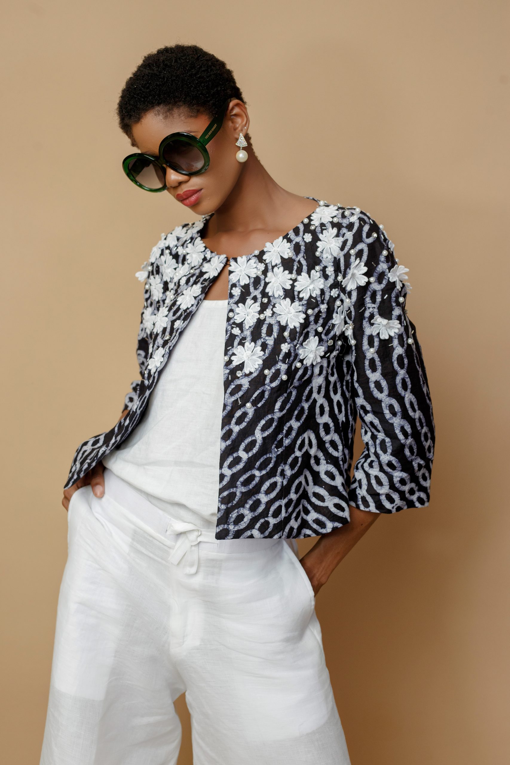 Navy Blue and white Short Jacket In Adire