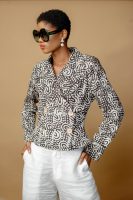 Brown Double Breasted Cropped Jacket And Ivory Linen Palazzo Trousers