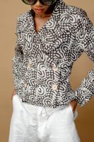 Brown Double Breasted Cropped Jacket And Ivory Linen Palazzo Trousers