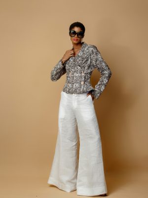 Brown Double Breasted Cropped Jacket And Ivory Linen Palazzo Trousers