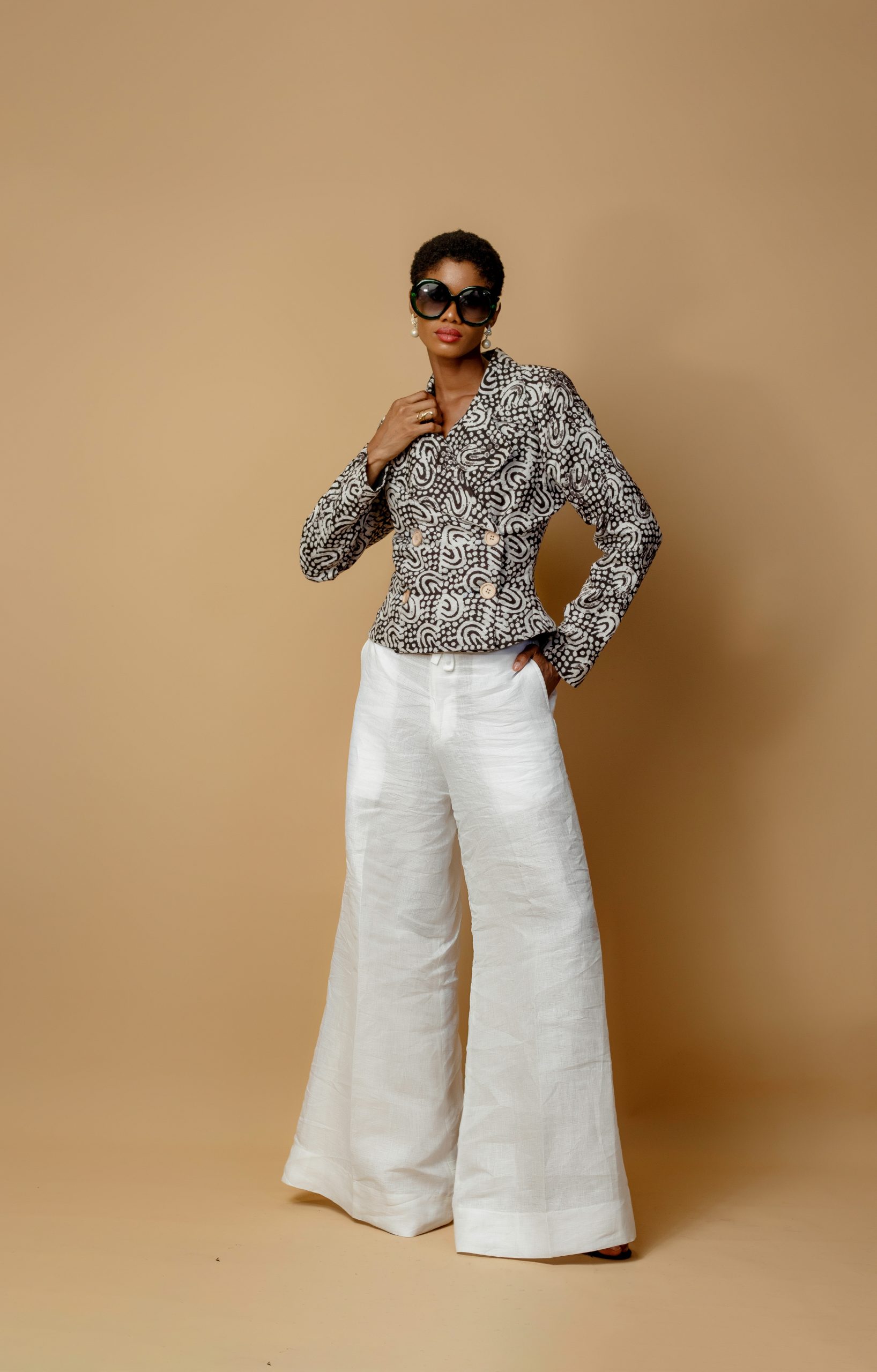 Brown Double Breasted Cropped Jacket And Ivory Linen Palazzo Trousers