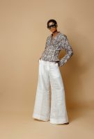 Brown Double Breasted Cropped Jacket And Ivory Linen Palazzo Trousers