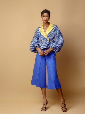 Blue Cotton Cropped Jacket With Collar Revers And Culottes
