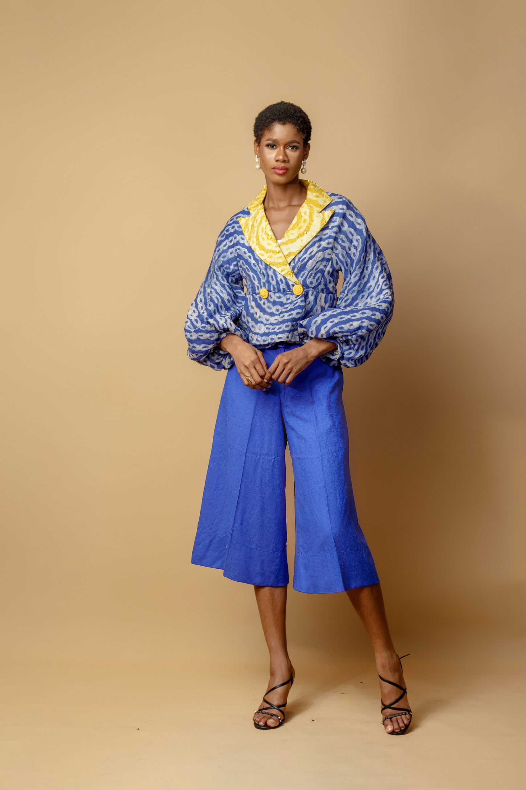 Blue Cotton Cropped Jacket With Collar Revers And Culottes