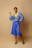 Blue Cotton Cropped Jacket With Collar Revers And Culottes