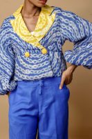 Blue Cotton Cropped Jacket With Collar Revers And Culottes