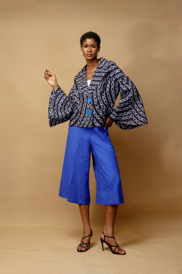Linen Adire Navy Blue Jackets And Culottes In Blue