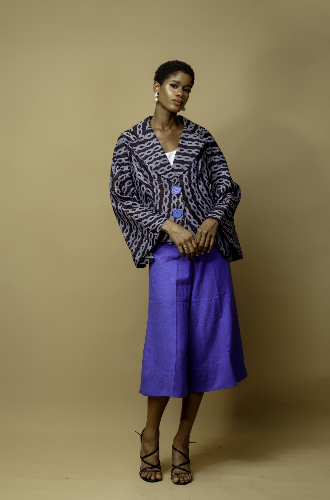 Linen Adire Navy Blue Jackets And Culottes In Blue