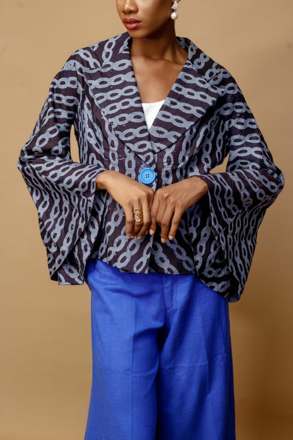 Linen Adire Navy Blue Jackets And Culottes In Blue