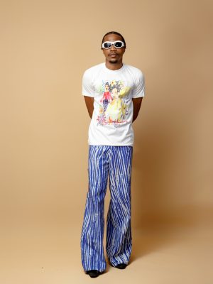 White T-shirt with fashion illustrations and Adire ila trousers