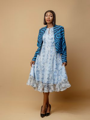 Adire Navy Blue Cropped Jacket With Floral Blue Dress