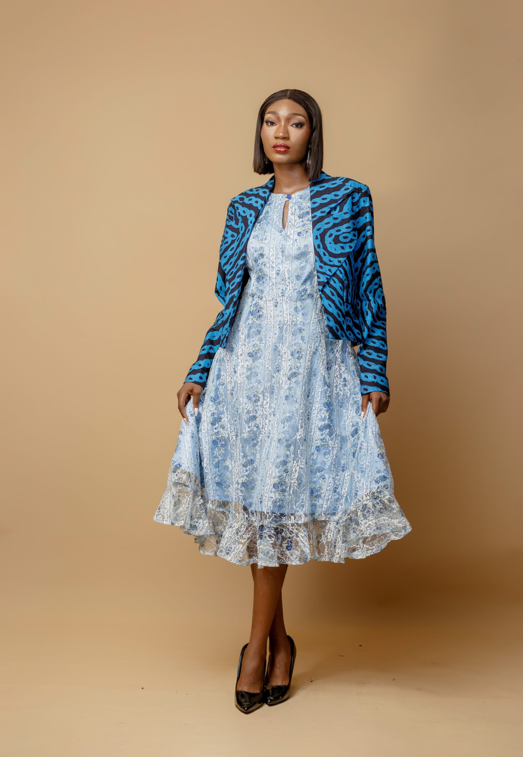 Adire Navy Blue Cropped Jacket With Floral Blue Dress