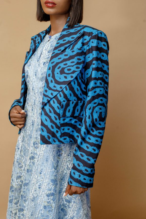 Adire Navy Blue Cropped Jacket With Floral Blue Dress