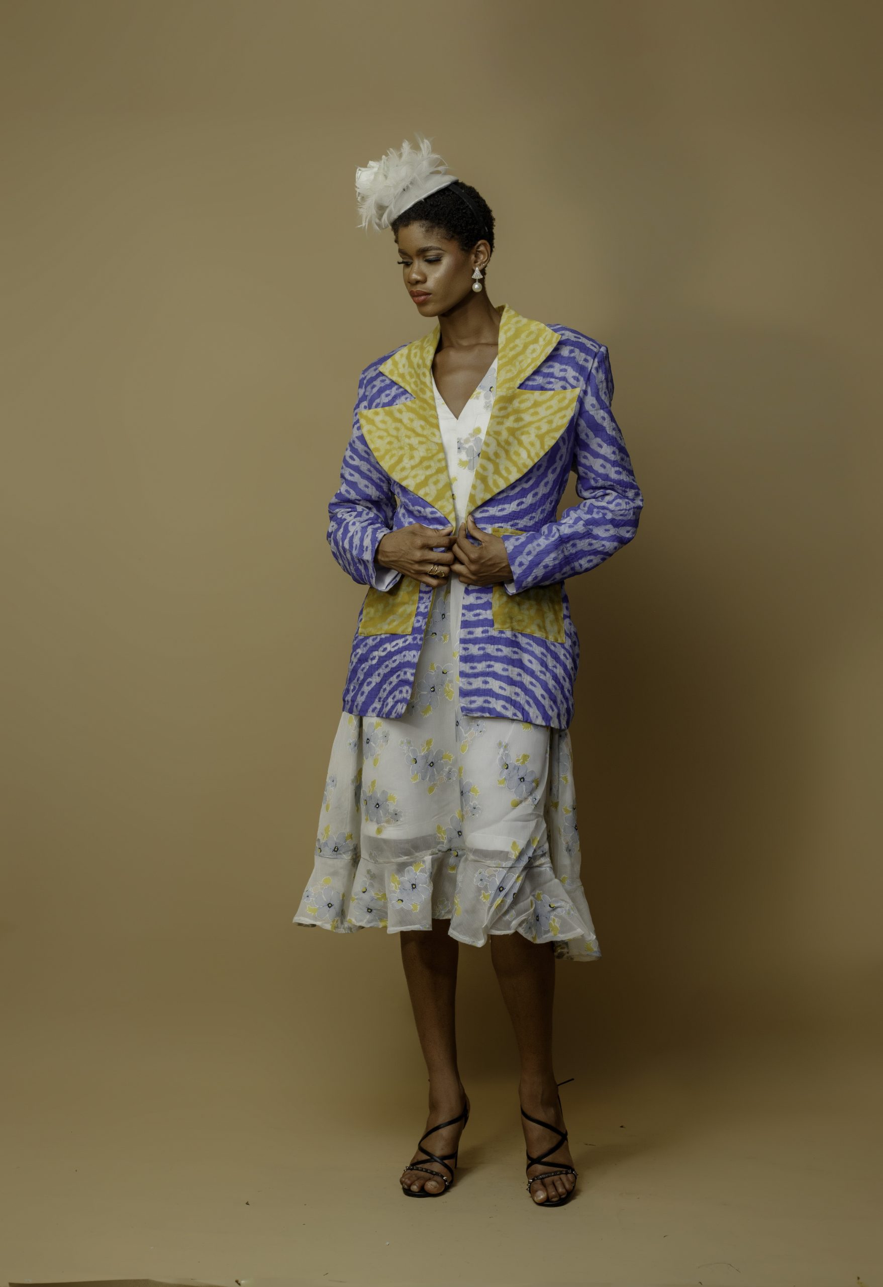 Long Jacket Adire Blue With Yellow Lapels