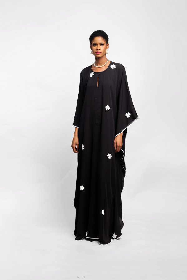 Black Chiffon Boubou With Lace Flowers