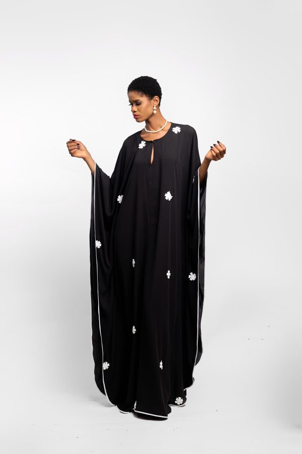 Black Chiffon Boubou With Lace Flowers