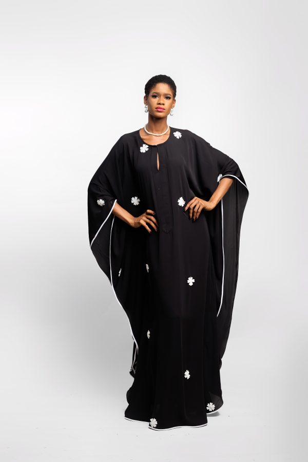 Black Chiffon Boubou With Lace Flowers