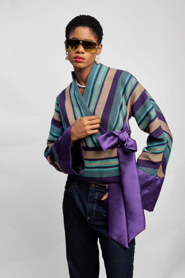 Purple Short Aso Oke Kimono Jacket With Sash